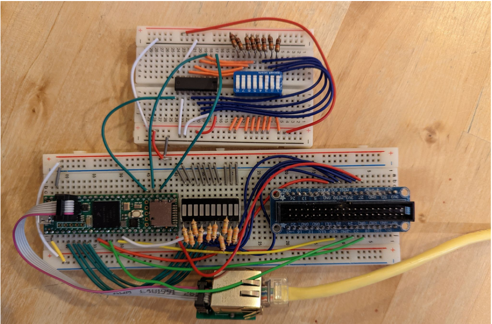 Several electronics breadboards wired into each other. A Teensy 4.1 board is wired into the GPIO connections of a Raspi adapter.